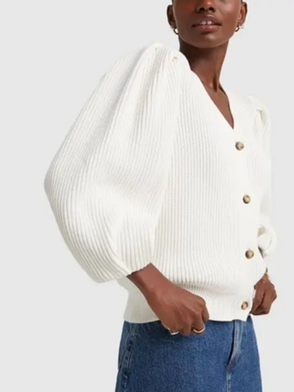 G Label Gwyn by Goop Hill Ribbed Puff Sleeve Cardigan Sweater in Ivory Small